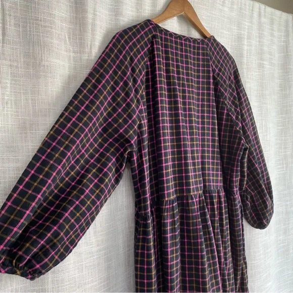 Madewell Plaid Flannel Raglan Button-Front Shirtdress Pink Black - Picture 4 of 7